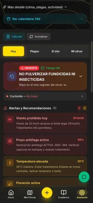 Asesor agronómico con calendario fenológico, ventanas de aplicación y alertas de plagas