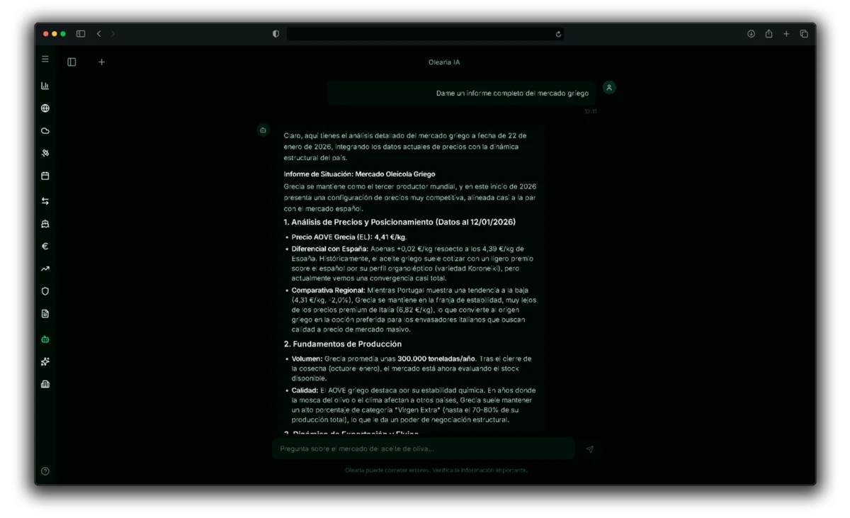 Olearia IA - Asistente de inteligencia artificial para mercado oleícola